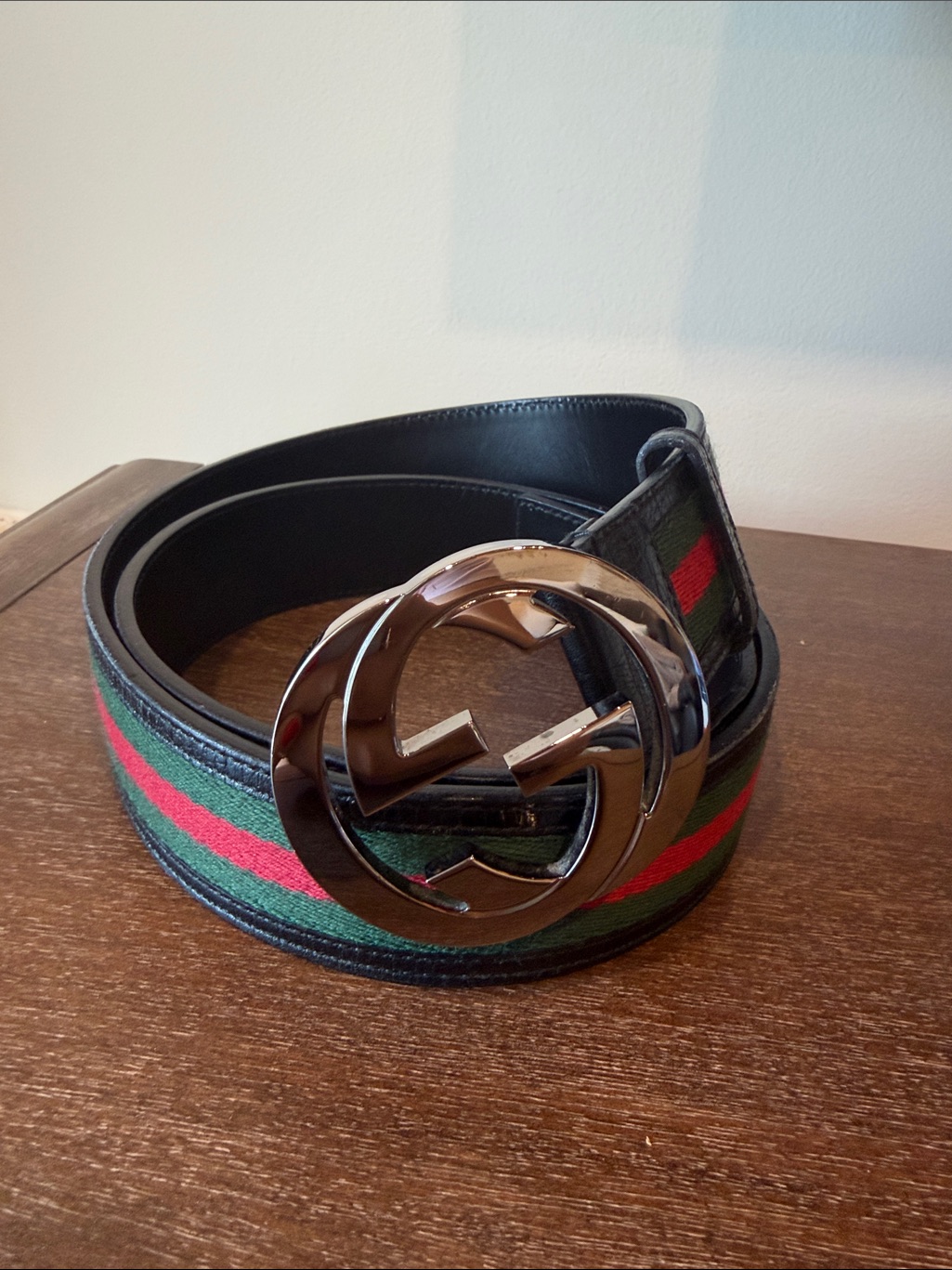 Authentic Gucci Men's Web Stripe Leather Belt In Black With Green & Red